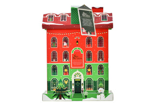 Front view of English Tea Shop red and green Christmas Tea House advent calendar box on a white background.