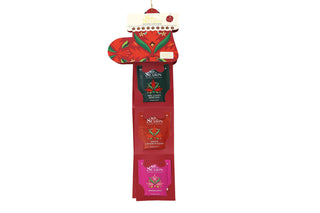 Front view of English Tea Shop red Santa's Stocking fully unfolded to display individual organic tea sachets.
