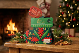 English Tea Shop Sip the Season green Santa's Stocking holiday organic tea gift box with 8 sachets set on a wooden table near a cozy fireplace.
