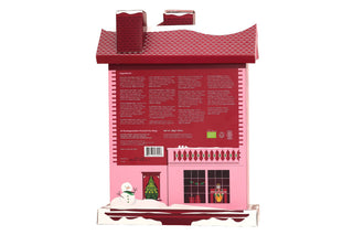 Direct back panel view of English Tea Shop Townhouse Advent Calendar showing ingredients and tea flavors on a white background.