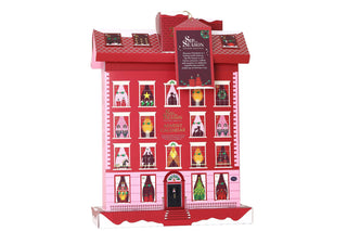 Direct front view of English Tea Shop Townhouse Advent Calendar tea box showing numbered doors on a white background.